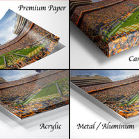 The image is a collage of four different images, each depicting a large crowd at a sports stadium. The images are labeled as "Premium Paper", "Canvas Wrap", "Acrylic", and "Metal/Aluminum".