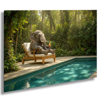 An elephant sits on a wooden lounge chair by a swimming pool, surrounded by lush greenery.
