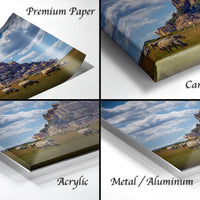 The image is a collage of four different views of a pastoral scene, including a castle, sheep, and a cloudy sky.