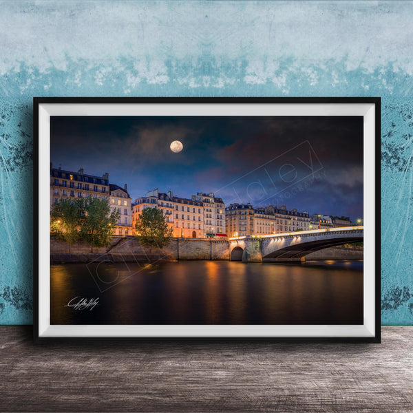 a picturesque night scene of a city with a bridge and buildings illuminated by lights, with a full moon visible in the sky.