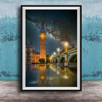 a night scene in London, featuring the iconic Big Ben clock tower and the River Thames, with a starry sky overhead.