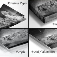 The image is a collage of four photographs depicting different types of materials used for framing artwork, including premium paper, canvas wrap, acrylic, and metal/aluminum.