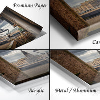 The image is a collage of four photos depicting a cityscape, with each photo labeled as either "Premium Paper", "Canvas Wrap", "Acrylic", or "Metal/Aluminum".