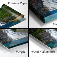 The image is a collage of four different views of a waterfall, each with a distinct perspective and framing. The images are labeled as "Premium Paper", "Canvas Wrap", "Acrylic", and "Metal/Aluminum".