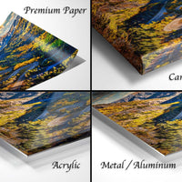 The image is a collage of four different types of printed materials, including a premium paper, a canvas wrap, an acrylic, and a metal/aluminum.