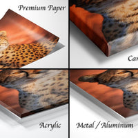 The image is a collage of four different close-up shots of a cheetah's face, each with a different texture and finish: "Premium Paper", "Canvas Wrap", "Acrylic", and "Metal/Aluminum".
