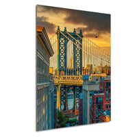 a large suspension bridge with intricate steel trusses and towers, set against a dramatic sky with clouds and a warm, golden glow.