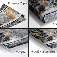 four different views of a landscape photograph, each with a different material used to wrap it. The text labels the materials as "Premium Paper", "Canvas Wrap", "Acrylic", and "Metal/Aluminum".