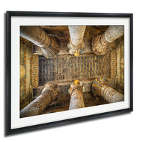 the interior of an ancient Egyptian temple, showcasing the intricate and ornate architecture with numerous columns and hieroglyphics on the walls.