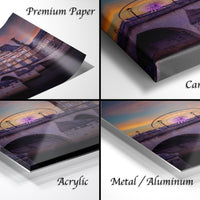 The image is a collage of four photos depicting a bridge at sunset, with each photo labeled as "Premium Paper", "Canvas Wrap", "Acrylic", and "Metal/Aluminum".