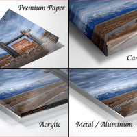 four different views of a scenic landscape, including a sign, a road, a mountain range, and a valley. The images are labeled as "Premium Paper", "Canvas Wrap", "Acrylic", and "Metal/Aluminum".
