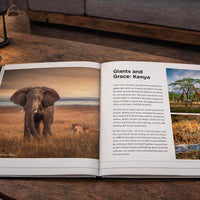 An open book on a wooden table, with two photographs of elephants and giraffes on the left page and a text passage on the right page.