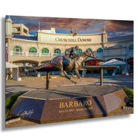 Churchill Downs wall art, Barbaro statue photo print, Kentucky Derby horse racing, Louisville sunset decor, famous racetrack artwork, thoroughbred horse tribute, bronze horse statue picture, iconic equestrian image, legendary racehorse photography, closed track fine art print, sunset at Churchill Downs, inspirational horse art, Kentucky equine decor, historic Louisville landmark, horse lover’s gift print