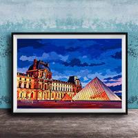 A framed painting depicting the Louvre Museum in Paris, France, with the iconic glass pyramid structure prominently featured against a colorful sky.