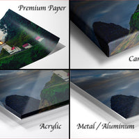 The image is a collage of four different views of a lighthouse on a cliff, each with a different material used to print the image: premium paper, canvas wrap, acrylic, and metal/aluminum.