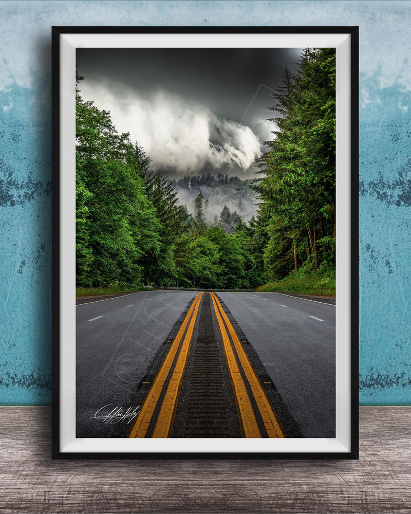 A framed photograph depicting a winding road surrounded by lush green trees and a dramatic cloudy sky in the background.