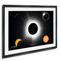 The image is a framed poster depicting a solar eclipse, with the moon partially obscuring the sun and the sun partially obscuring the moon.