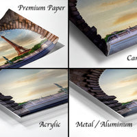 The image is a collage of four different views of the Eiffel Tower, with each view presented in a different medium: premium paper, canvas wrap, acrylic, and metal/aluminum.