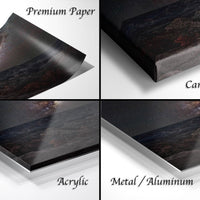 The image is a collage of four different materials used for printing a photograph: premium paper, canvas wrap, acrylic, and metal/aluminum.