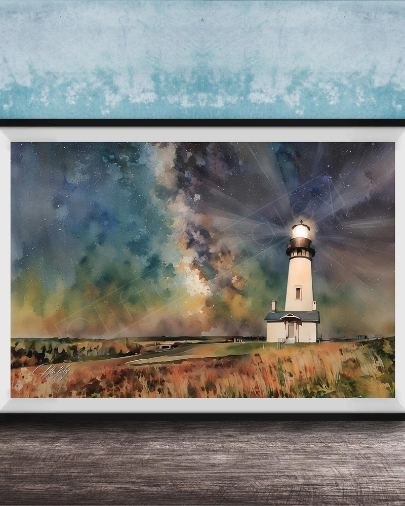 A framed watercolor painting depicting a lighthouse on a grassy field, with a starry sky in the background.