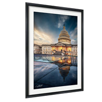 the United States Capitol building in Washington D.C., with its iconic dome and surrounding architecture, set against a dramatic sky.