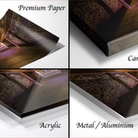 The image is a collage of four different views of a printed artwork, including a close-up of the paper, a close-up of the canvas wrap, and a close-up of the acrylic and metal/aluminum finishes.