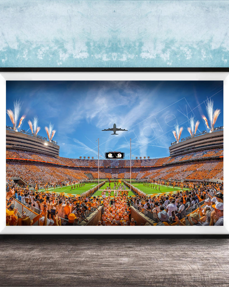 A framed photograph depicting a large crowd of people gathered in a stadium, with a plane flying overhead and fireworks lighting up the sky.