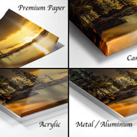 The image is a collage of four different views of a landscape, including a sunset over a body of water, a close-up of a tree-filled forest, a close-up of a rocky shore, and a close-up of a tree-filled forest.