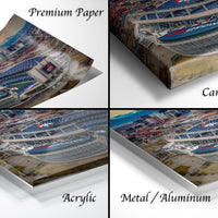 The image is a collage of four different views of a large stadium, likely the Denver Broncos stadium, with the stadium's exterior and surrounding cityscape.