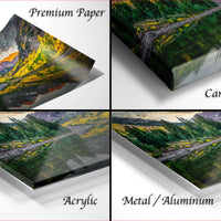 The image is a collage of four different views of a landscape, including a premium paper print, a canvas wrap, an acrylic print, and a metal/aluminum print.