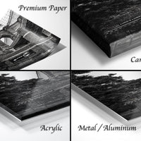 The image is a collage of four different print options for a black and white photograph of a bridge, including "Premium Paper", "Canvas Wrap", "Acrylic", and "Metal/Aluminum".
