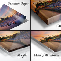 The image is a collage of four different views of a cityscape at sunset, with the city skyline and boats visible in each frame.