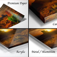 The image is a collage of four photographs depicting a sunset landscape, with each photograph labeled with the type of material it is printed on: "Premium Paper", "Canvas Wrap", "Acrylic", and "Metal/Aluminum".