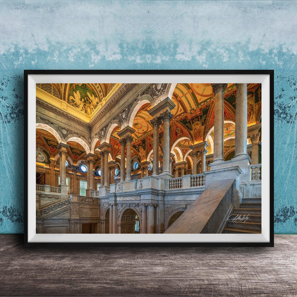This luxury fine art photograph captures the grand interior architecture of the Library of Congress in Washington DC. Marble columns, ornate ceilings, and classical symmetry create a refined composition rooted in American national history and cultural legacy. Ideal for collectors, professionals, and interior designers seeking museum-quality wall art that embodies intellect, heritage, and timeless elegance.