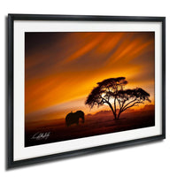 A lone elephant stands silhouetted against a vibrant sunset sky, with a tree in the foreground.