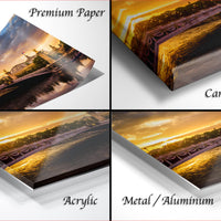 The image is a collage of four different views of a sunset over a bridge, with each view presented in a different medium: premium paper, canvas wrap, acrylic, and metal/aluminum.