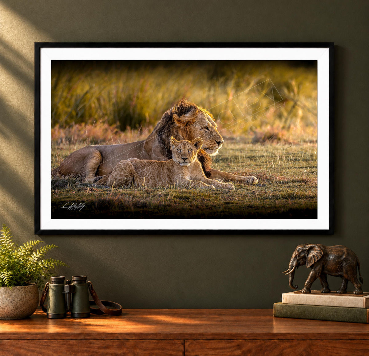 A framed photograph of a lion and its cub resting in a grassy field, with a potted plant and a small elephant figurine on a wooden surface below the frame.