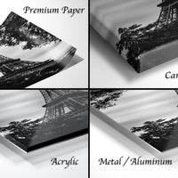 The image is a collage of four different views of the Eiffel Tower, with each view presented in a different medium: premium paper, canvas wrap, acrylic, and metal/aluminum.