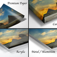The image is a collage of four different images depicting the pyramids of Giza against a sunset sky. The images are labeled as "Premium Paper", "Canvas Wrap", "Acrylic", and "Metal/Aluminum".