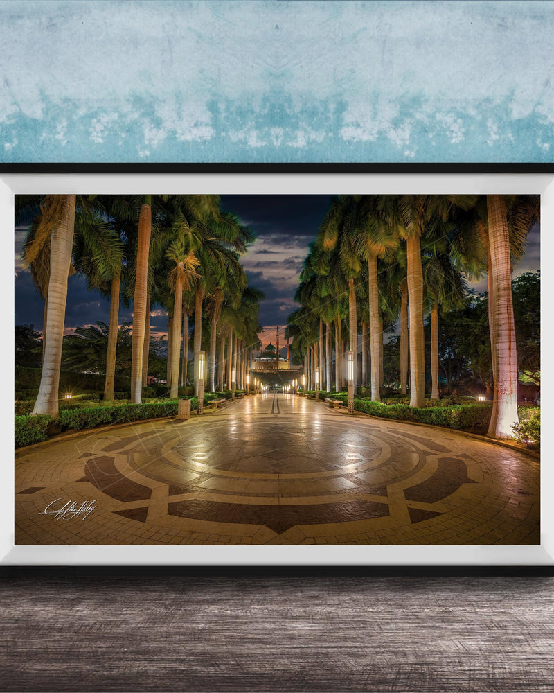 A framed photograph depicting a serene nighttime scene of a palm-lined walkway with a circular pattern, illuminated by warm lighting.