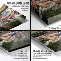 The image is a collage of four different printed materials, including a premium photo paper, a loose paper print, a gallery-wrapped canvas, and a metal/aluminum print. Each material has distinct characteristics and uses, such as the premium photo paper for high-quality prints, the loose paper print for a more casual, handmade look, the gallery-wrapped canvas for a professional and polished appearance, and the metal/aluminum print for a more industrial and durable option.