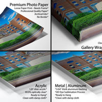 The image is a collage of four photos showcasing different types of photo paper, including a premium photo paper, loose paper print, professional quality paper, and a gallery wrapped canvas.