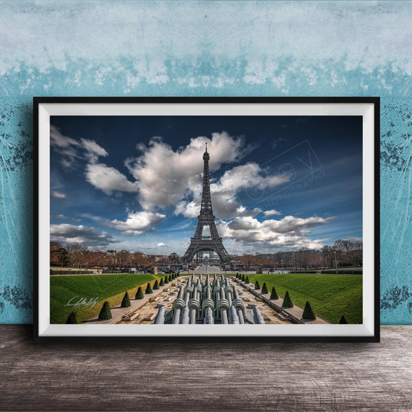 a large, framed picture of the Eiffel Tower in Paris, France, with a lush, green park in the foreground.