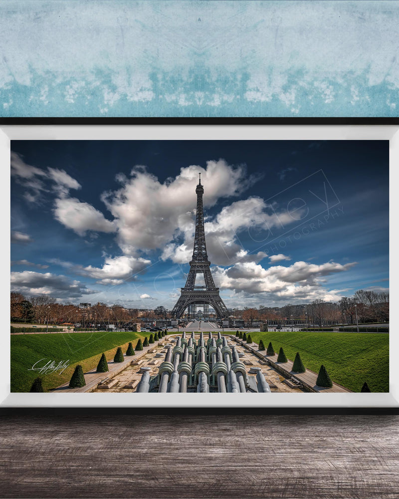 a large, framed picture of the Eiffel Tower in Paris, France, with a lush, green park in the foreground.