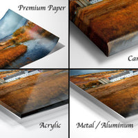 The image is a collage of four photographs depicting a rural landscape, with a focus on the details of the scene, such as the buildings, trees, and overall composition.