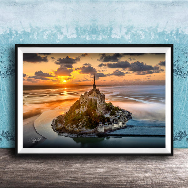 Mont Saint-Michel Poster, Normandy Coastal Art | Sunrise Fog Print