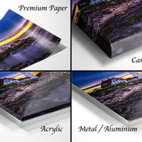 The image is a collage of four different images, each depicting a lighthouse at sunset. The images are labeled as "Premium Paper", "Canvas Wrap", "Acrylic", and "Metal/Aluminum".