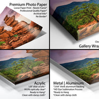 The image is a collage of four photos depicting different types of printed materials, including a premium photo paper, a loose paper print, a gallery-wrapped canvas, and a metal/aluminum print.