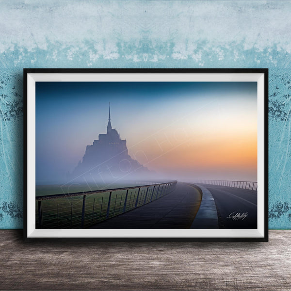 a serene landscape with a castle in the distance, surrounded by a misty atmosphere.