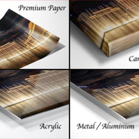 The image is a collage of four different types of printed materials, including a premium paper, a canvas wrap, an acrylic, and a metal/aluminum.